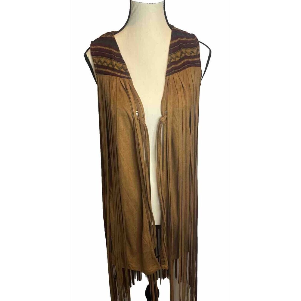 Women’s Loveriche Boho Southwest Fringe Cowgirl BROWN Faux Suede Vest Small‎ NWT